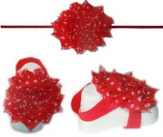 Baby Headbands Girl's Fine Flower Thin Headband with matching Footies (Baby Bare Foot Sandals) - Red Polka (0 - 2 Years)