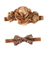 Croshka Designs Set of Two Flowers & Bow Headbands in Golden Brown