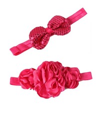 Croshka Designs Set of Two Flowers & Bow Headbands in Hot Pink