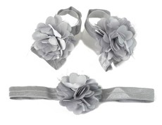 Satin & Tulle Layered Flower Barefoot Sandals & Headband Set in Light Grey