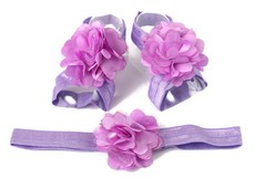 Satin & Tulle Layered Flower Barefoot Sandals & Headband Set in Purple