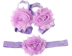 Shabby Chic Flower Barefoot Sandals & Headband Set in Light Purple