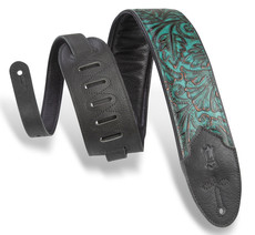 Levys M4WP-001 Western 3 Inch Sundance Line Palm Jade Embossed Leather Guitar Strap (Black and Turquoise)