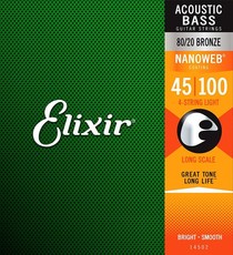 Elixir 14502 Nanoweb 45-100 4 String Light 80/20 Bronze Long Scale Coated Acoustic Bass Guitar Strings