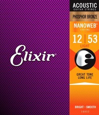 Elixir 16052 Nanoweb 12-53 Light Phosphor Bronze Coated Acoustic Guitar Strings
