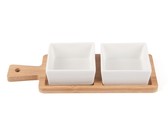 PMS Int. Square Tapas Food Serving Dishes on Natural Wood Board.