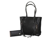 Fino Pu Leather Tote and Removable Pom & Purse Set - Black