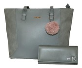Fino Pu Leather Tote and Removable Pom & Purse Set - Black