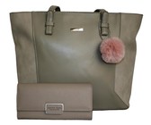 Fino Pu Leather Tote Handbag and Removable Pom & Purse Set - Grey
