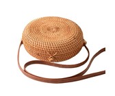 Off To Blue Hand Woven Round Rattan Bag Shoulder Leather Straps - Bali